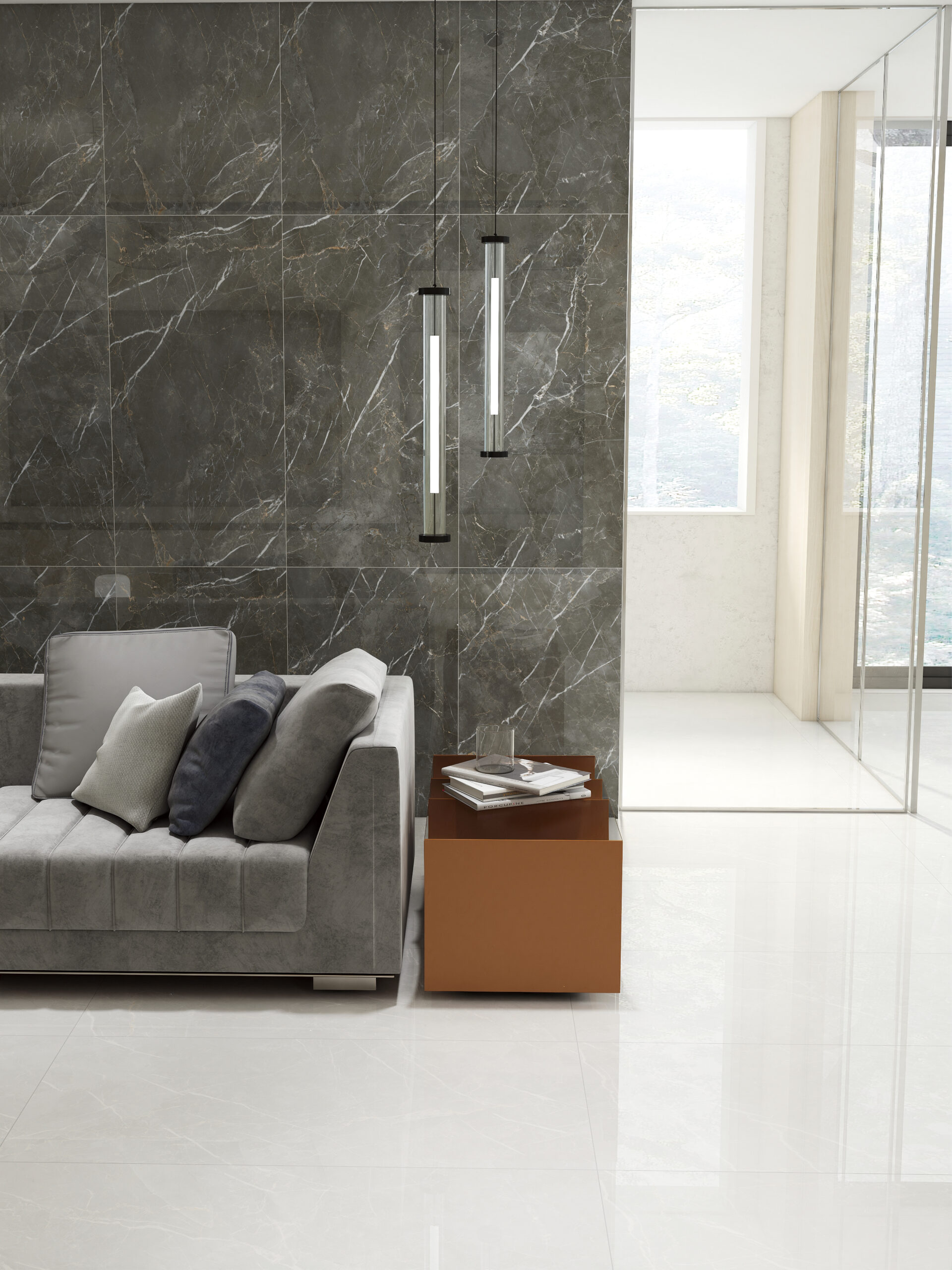 Atlas Grey polished porcelain tile charcoal grey white diagonal veins