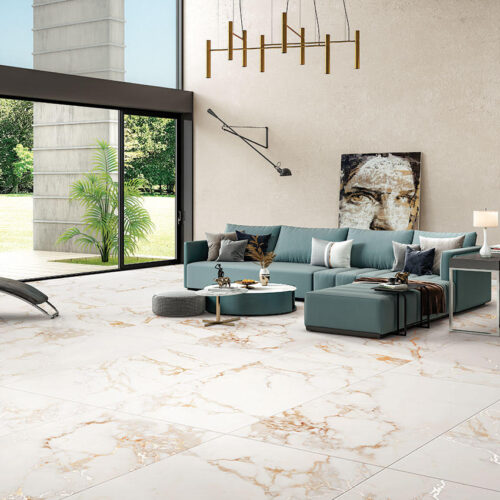 Calcatta Paonazzo marble-look porcelain tile rich orange vein detail