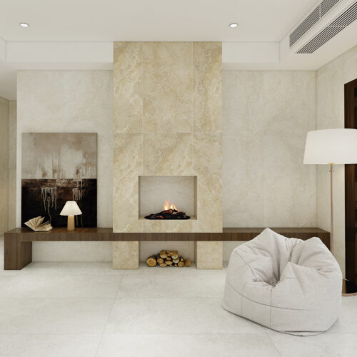 Travertine Cross Crema porcelain tile close-up showing warm beige travertine surface — matte finish