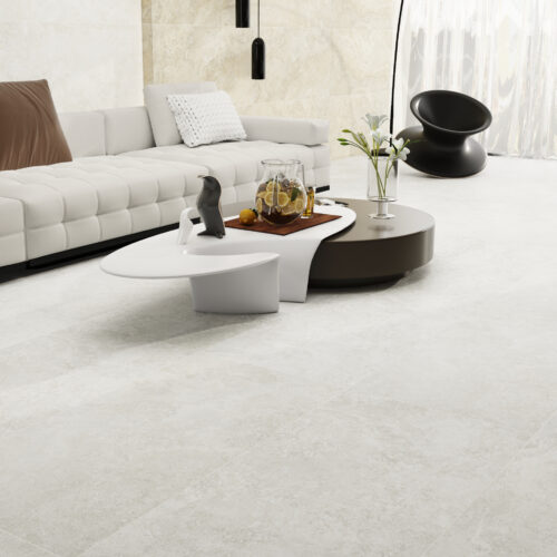 Travertine Cross Silver porcelain tile close-up showing natural travertine texture and pitting — matte finish