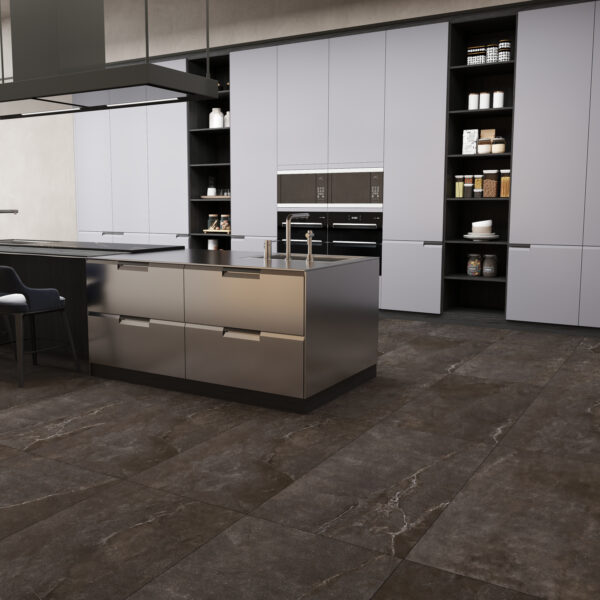 Vogue Stone Moka porcelain tile showing deep charcoal stone surface — large format