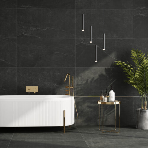 Vogue Stone Nero porcelain tile showing deep charcoal-black stone surface — large format