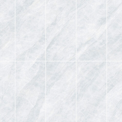 Taj Mahal Silver large format tile installed blue-white marble bathroom floor wall cool tone
