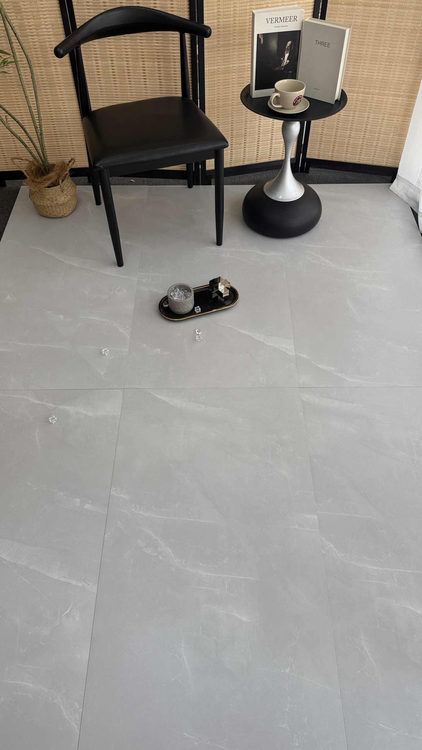 Vienna Grey large format porcelain tile room scene pale grey geometric vein marble-look floor
