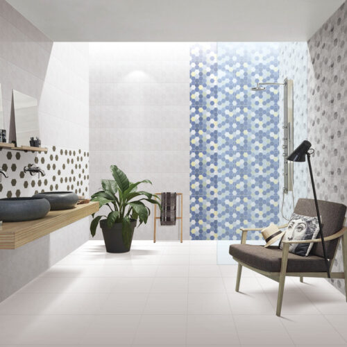 Plain White Hex hexagonal mosaic gloss tile 300x600 sheet shown in modern bathroom installation