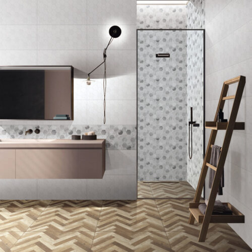 2-B63001D Marble Hex hexagonal mosaic gloss tile 300x600 shown in modern bathroom installation