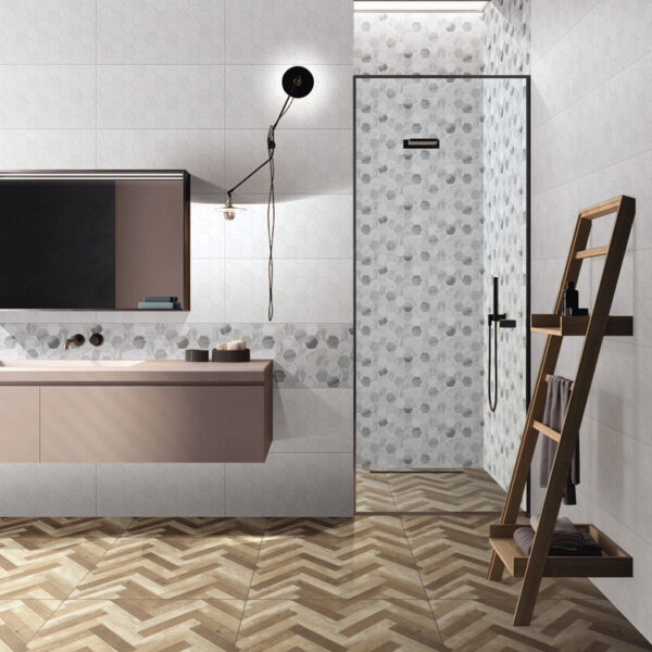 2-B63001D Marble Hex hexagonal mosaic gloss tile 300x600 shown in modern bathroom installation