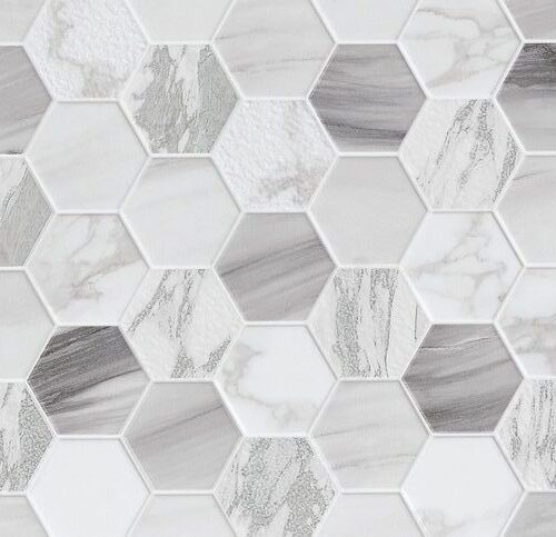 2-B63001D Marble Hex close-up hexagonal mosaic tiles in white and grey marble effect