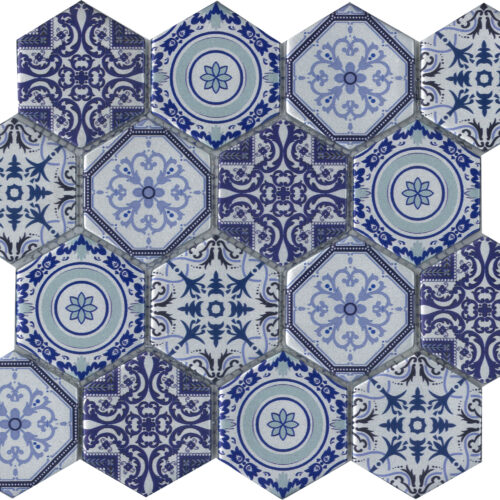 Arabia Blue cobalt hexagon mosaic with arabesque Moorish geometric print patterns belantti