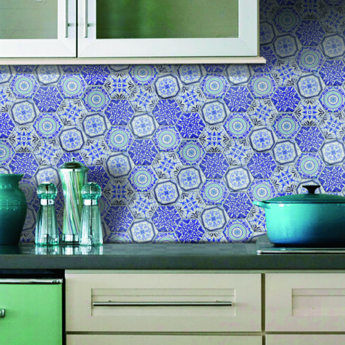 Hexagon Arabia Blue mosaic tiles kitchen lifestyle installation blue Moroccan belantti
