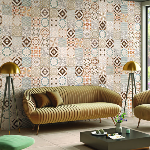 Casablanca Moroccan patchwork gloss wall tile 600x600 in sandy ivory terracotta and spice brown for feature walls