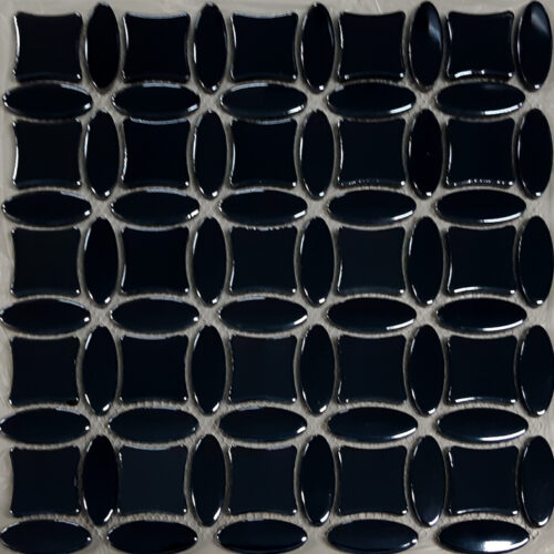 Gloss Black coins ceramic mosaic alternating pill pinched oval shapes belantti