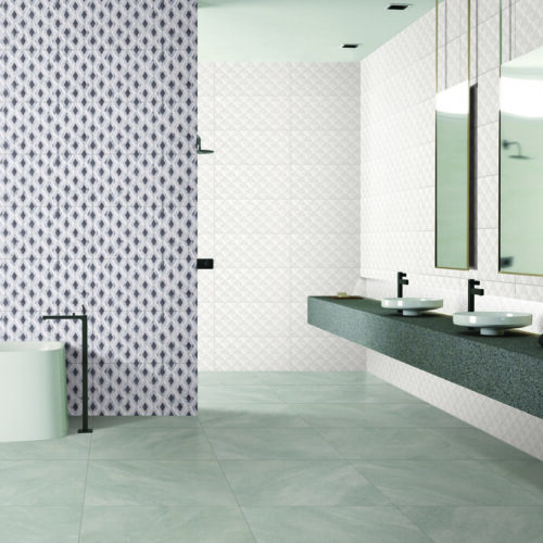HX6300F Grey Diamond mosaic gloss wall tile 300x600 shown in modern bathroom feature wall
