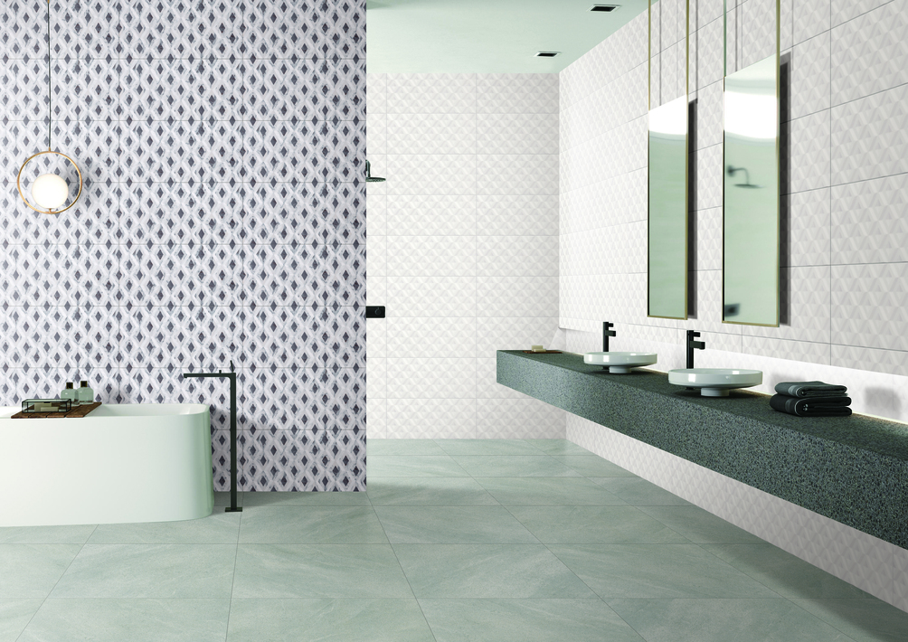 HX6300F Grey Diamond mosaic gloss wall tile 300x600 shown in modern bathroom feature wall