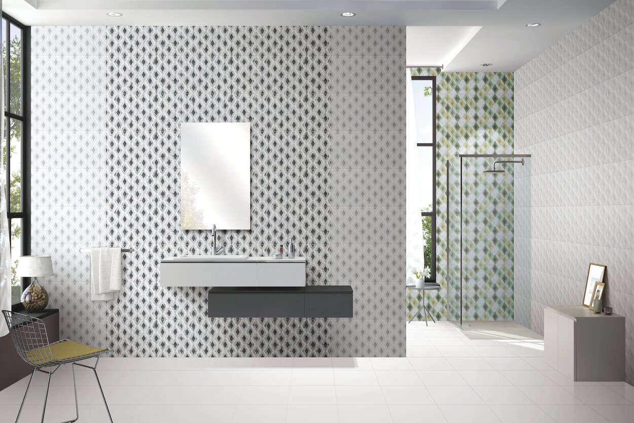 HX6300F Grey Diamond geometric diamond mosaic tile installed as full bathroom feature wall
