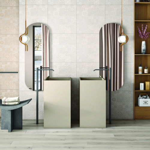 E-Kaeba Alabaster encaustic-style matt porcelain tile 600x600mm – cream white with decorative geometric floral relief pattern, Belantti2