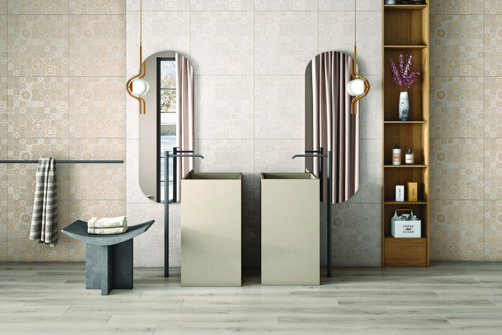 E-Kaeba Alabaster encaustic-style matt porcelain tile 600x600mm – cream white with decorative geometric floral relief pattern, Belantti2