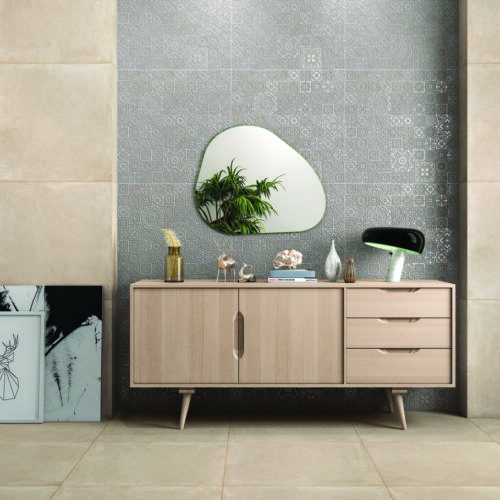 E-Kaeba Peanut encaustic-style matt porcelain tile 600x600mm – grey ground with intricate geometric floral relief pattern, Belantti2