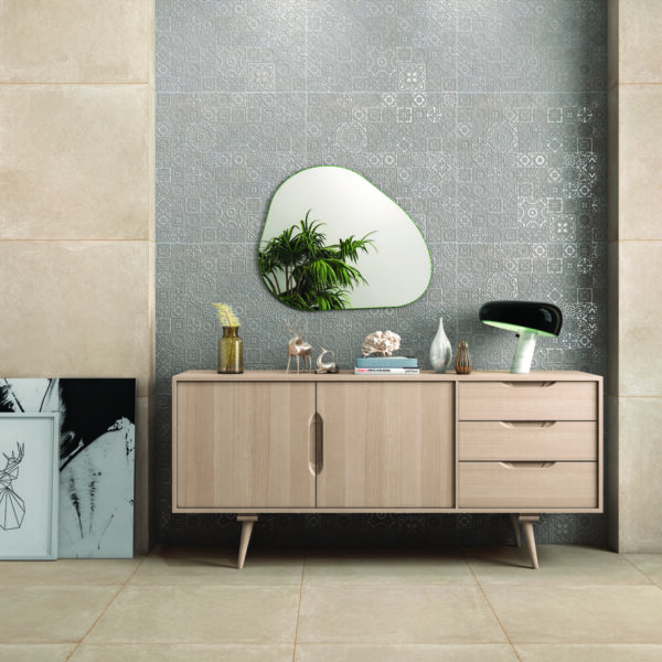 E-Kaeba Peanut encaustic-style matt porcelain tile 600x600mm – grey ground with intricate geometric floral relief pattern, Belantti2