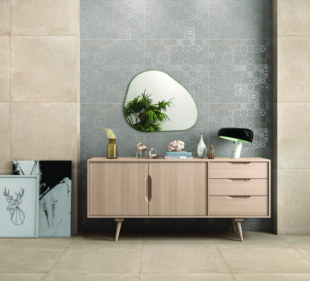 E-Kaeba Peanut encaustic-style matt porcelain tile 600x600mm – grey ground with intricate geometric floral relief pattern, Belantti2