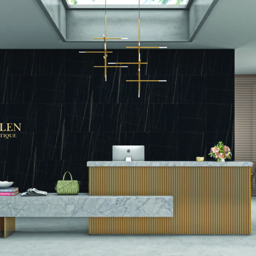 Laurent Noir black marble gloss wall tile 600x600 with Antique Gold veining for luxury feature walls