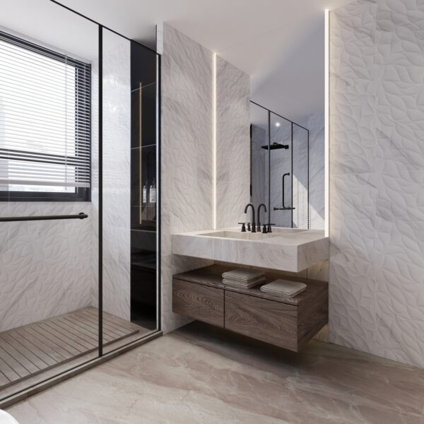 LEST1224GL-7 Leaf Statuario White 3D relief satin matt wall tile 300x600 in luxury bathroom