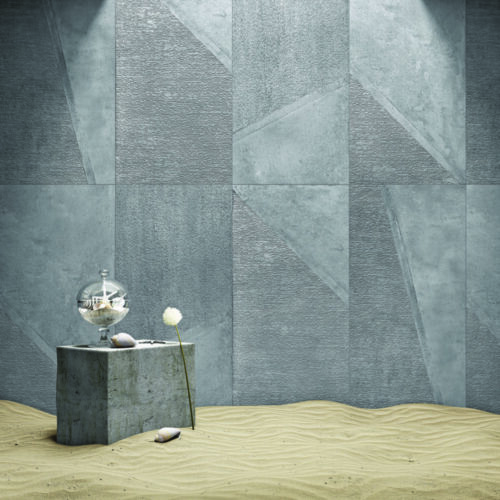 Melamine Slate 4D matt porcelain tile 600x1200mm – steel blue-grey with bold geometric angular 4D relief pattern, Belantti2