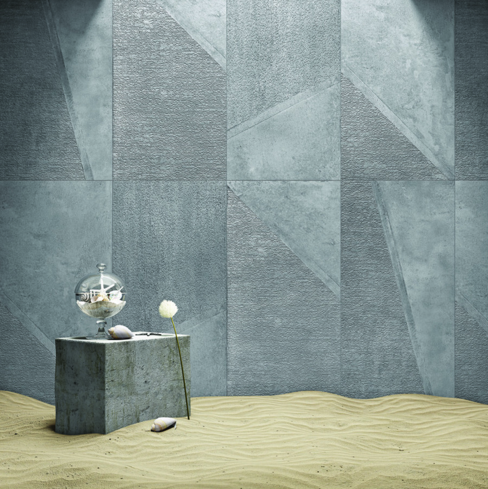 Melamine Slate 4D matt porcelain tile 600x1200mm – steel blue-grey with bold geometric angular 4D relief pattern, Belantti2