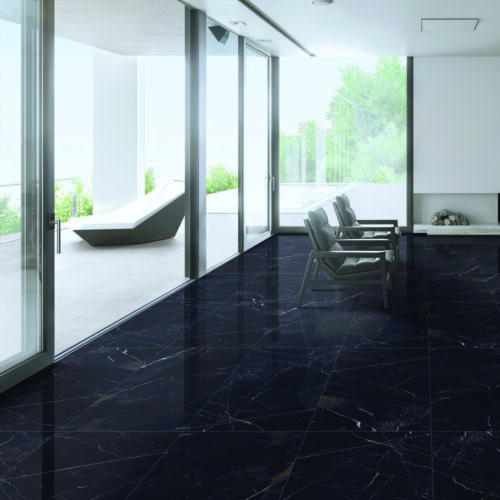Mira Black gloss porcelain tile 600x1200mm – deep midnight noir with ivory and antique gold veining Nero Marquina style, Belantti2