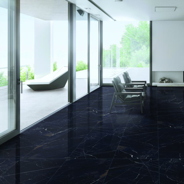 Mira Black gloss porcelain tile 600x1200mm – deep midnight noir with ivory and antique gold veining Nero Marquina style, Belantti2