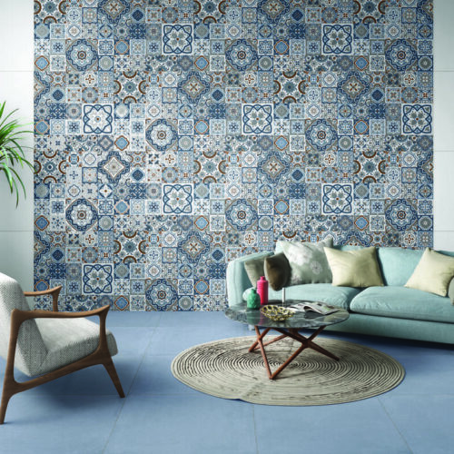 Morocco Cool Moroccan patchwork gloss wall tile 600x600 in cobalt blue and ivory white for feature walls