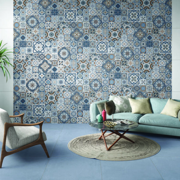 Morocco Cool Moroccan patchwork gloss wall tile 600x600 in cobalt blue and ivory white for feature walls