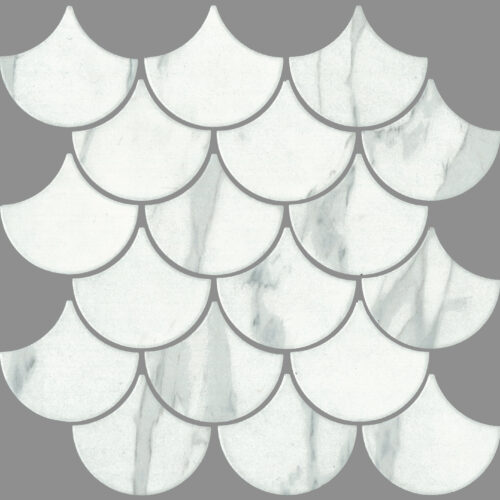 Carrara Matt white marble fishscale mosaic 80mm fan shape tiles belantti