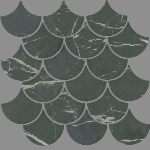 Nero Marquina Matt black marble fishscale mosaic 80mm fan shape tiles belantti