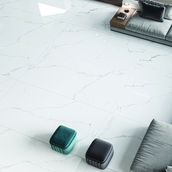 Opulent White Alpine White gloss porcelain tile 600x1200mm – pure Statuario white with fine silver grey veining, Belantti2