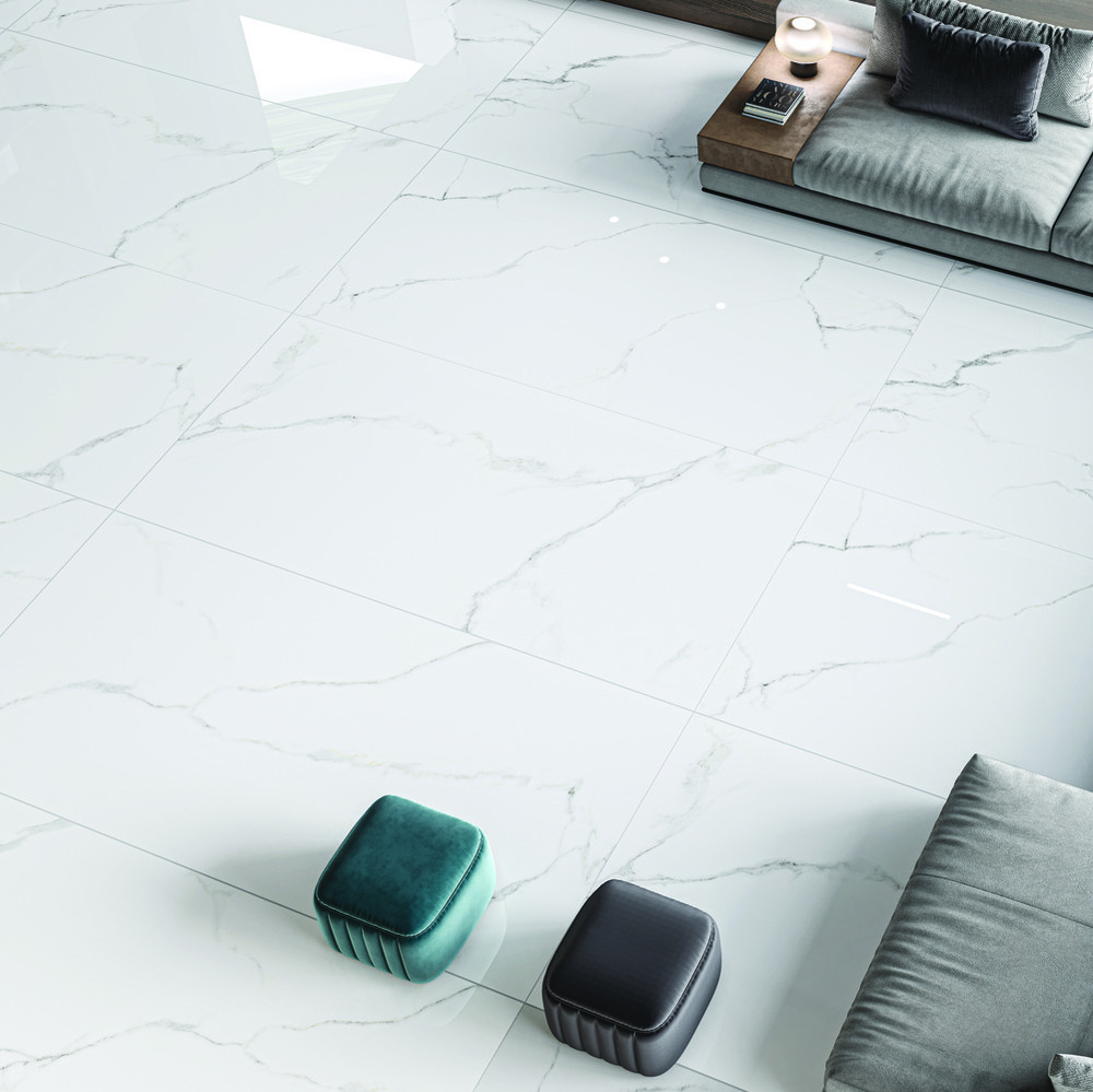 Opulent White Alpine White gloss porcelain tile 600x1200mm – pure Statuario white with fine silver grey veining, Belantti2
