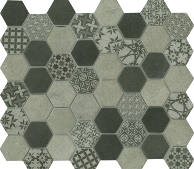 Charcoal Satin decorative hexagon mosaic 45x52mm with geometric floral mixed pattern belantti