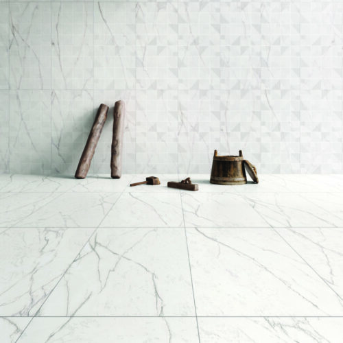 Snowy White 4D matt porcelain tile 600x1200mm – crisp white with geometric 4D relief and Statuario-style steel grey veining, Belantti2