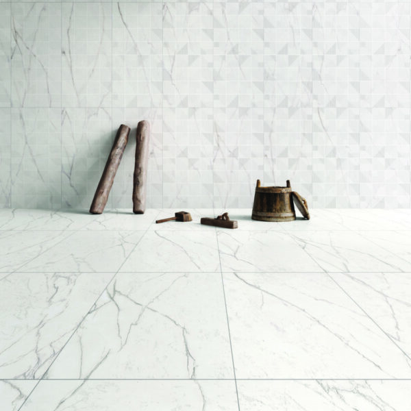 Snowy White 4D matt porcelain tile 600x1200mm – crisp white with geometric 4D relief and Statuario-style steel grey veining, Belantti2