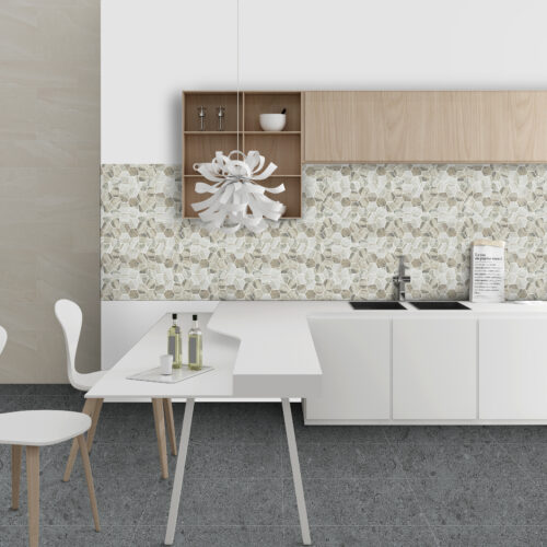 Irregular Hexagon Taupe Satin mosaic tiles kitchen lifestyle installation belantti