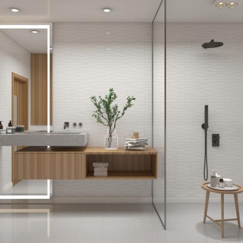 WA6300-B White Wave 3D relief gloss wall tile 300x600 installed in modern ensuite bathroom