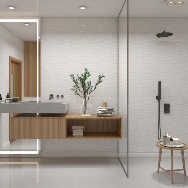 WA6300-B White Wave 3D relief gloss wall tile 300x600 installed in modern ensuite bathroom