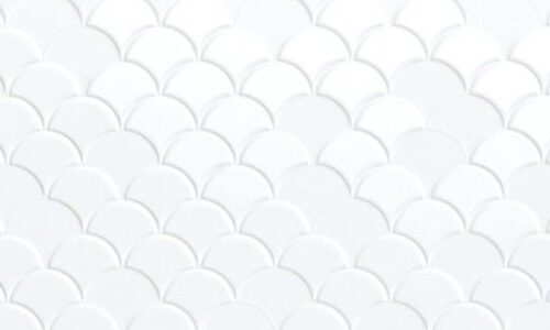 Fish Scale 3D White gloss porcelain tile 300x600mm – pure coastal ivory dimensional fan-shaped scale relief pattern, Belantti2