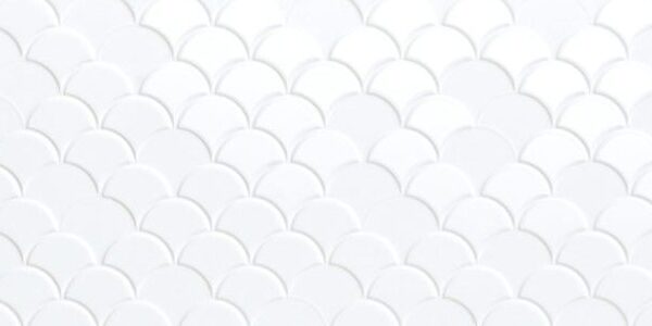 Fish Scale 3D White gloss porcelain tile 300x600mm – pure coastal ivory dimensional fan-shaped scale relief pattern, Belantti2