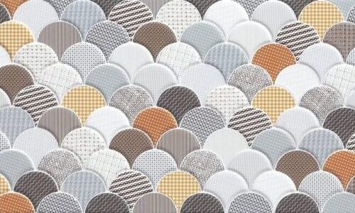Fish Scale 3D Color gloss porcelain tile 300x600mm – multicolour fan scale pattern in grey white ocean dusk and terracotta tide, Belantti2