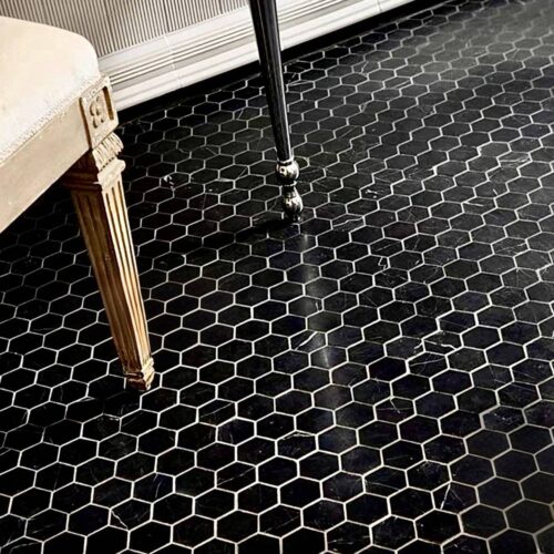 Black marble hexagon mosaic tile installation bathroom dramatic gloss