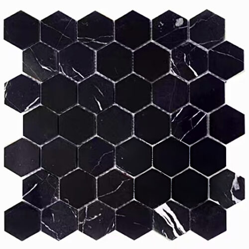 Black marble hexagon mosaic tile gloss finish feature wall floor