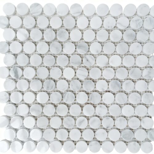 Carrara marble penny round mosaic tile gloss finish bathroom floor wall