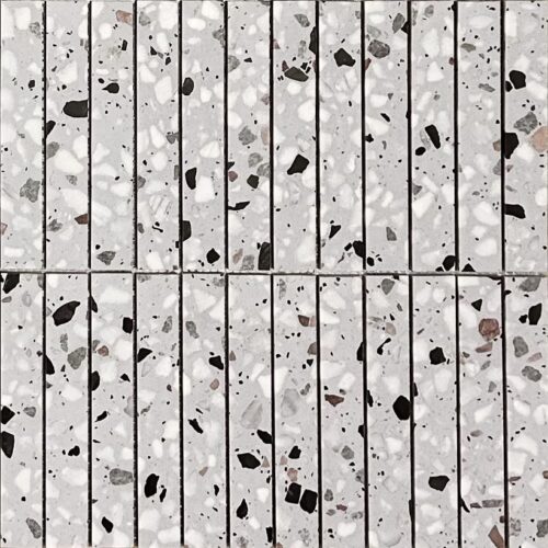 Grey terrazzo kitkat strip mosaic tile satin matt bathroom feature wall