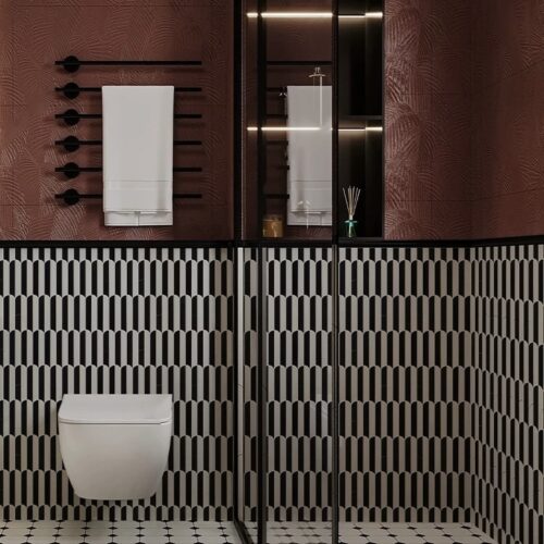 White black marble arch mosaic bathroom installation bold contrast